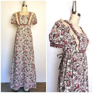 70s Floral Maxi Dress - Prairie Peasant Dress - Gunne Style Dress - Romantic XS